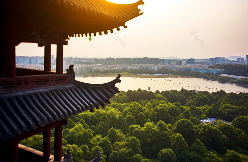 亭台楼阁上观赏湖边森林实拍,高清,摄影图,摄影图片,图片大全,摄影图免费下载